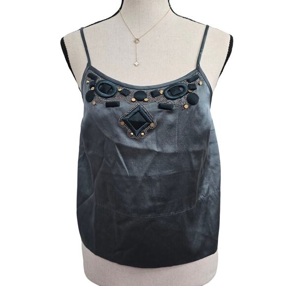 women Y2K 100% Silk Embellished Cami Tank Top Size 38 Teal Blue Boho Glam Beaded - Picture 1 of 9